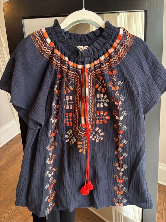 Figue Tops - Navy Embroidered Peasant Blouse with Coral Accents